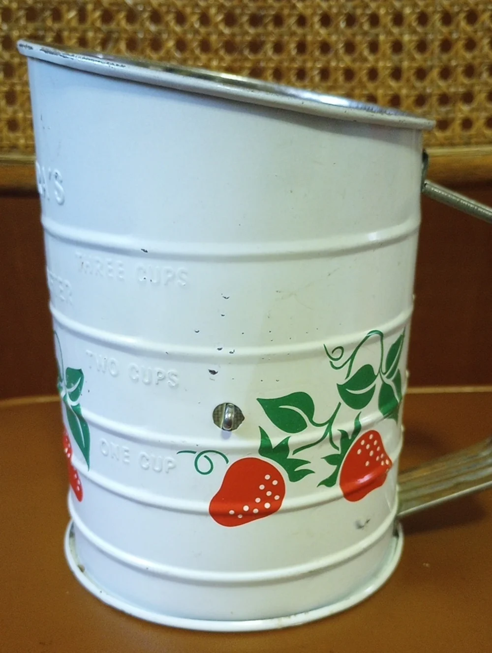 Teleflora Vintage Decorative Sifter. White w/ Red & Green Painted Strawberries